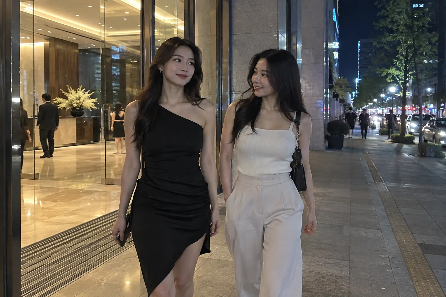 대전 유성의 야간 거리로 나서는 성인 여성 두 명